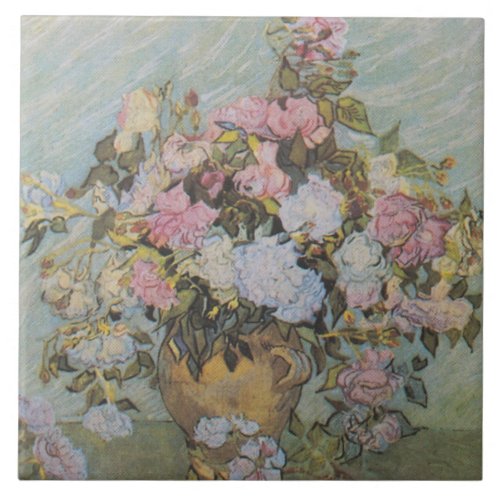 Vintage Van Gogh Pink Roses in a Vase   Ceramic Tile