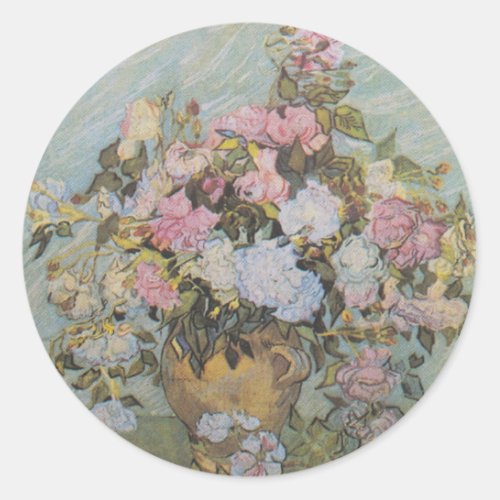  Vintage Van Gogh Vase with Pink Roses     Classic Round Sticker