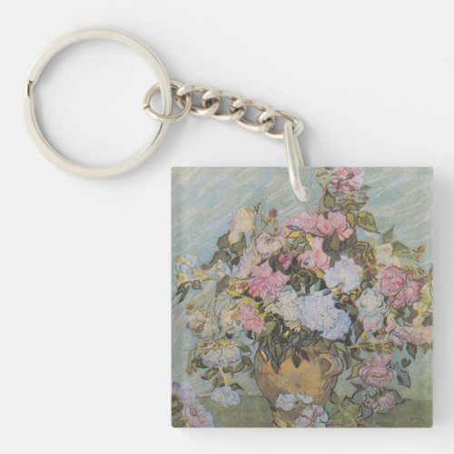 Vintage Van Gogh Vase with Pink Roses     Keychain