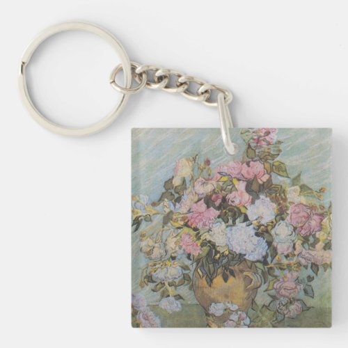 Vintage Van Gogh Vase with Pink Roses       Keychain