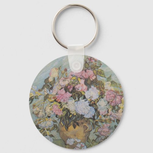  Vintage Van Gogh Vase with Pink Roses    Keychain