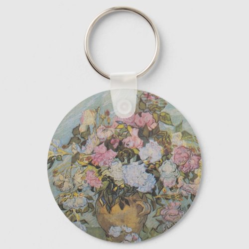 Vintage Van Gogh Vase with Pink Roses   Keychain