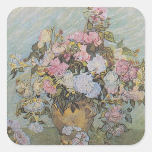 Vintage Van Gogh Vase with Pink Roses        Square Sticker