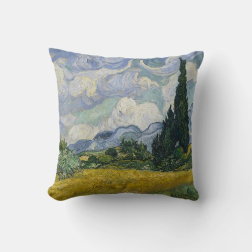 Vintage Van Gogh Wheat Field with Cypresses Blue Throw Pillow