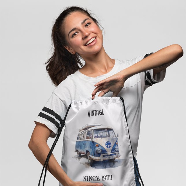 Vintage Van in Delft Blue customizable Drawstring Bag (Creator Uploaded)