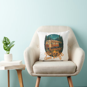 Vintage Van Life Good Life Adventure Camping Badge Throw Pillow