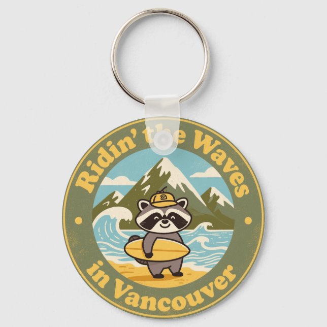 Vintage Vancouver Raccoon Surfer Keychain (Front)