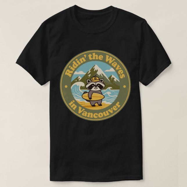 Vintage Vancouver Raccoon Surfer T-Shirt (Design Front)