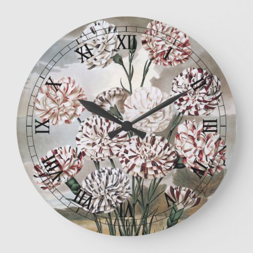 Vintage Variegated Carnation Flowers with Grey Sky Large Clock