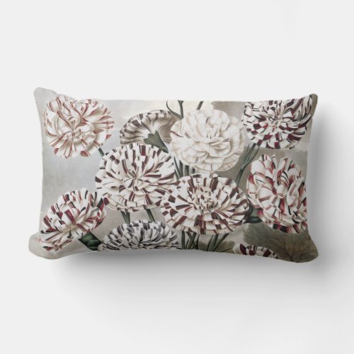 Vintage Variegated Carnation Flowers with Grey Sky Lumbar Pillow
