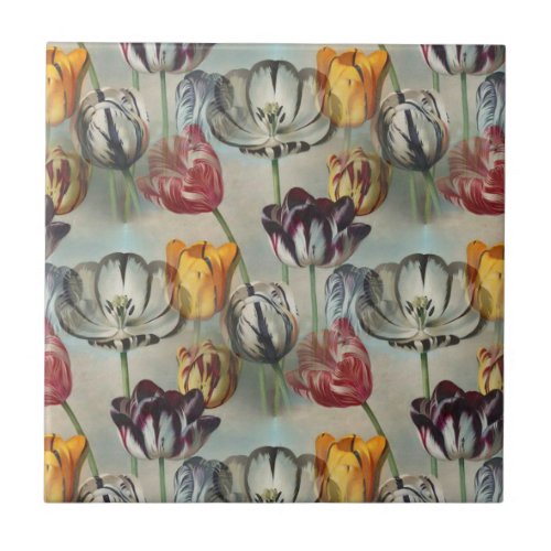 Vintage Variegated Tulips Botanical Floral Ceramic Tile