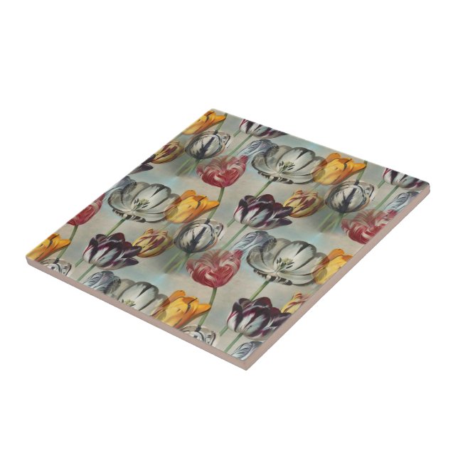 Vintage Variegated Tulips Botanical Floral Ceramic Tile (Side)