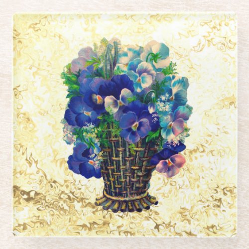 Vintage Vase of Blue Viola Flowers Glass Coaster