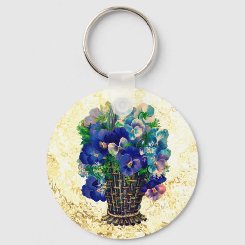 Vintage Vase of Blue Viola Flowers Keychain