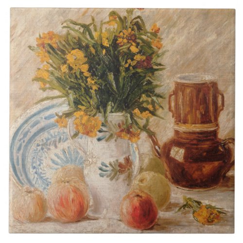 Vintage Vase with Flowers Coffeepot and Fruit Ceramic Tile