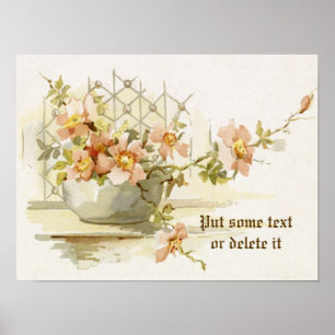 Vintage vase with pink roses watercolor print
