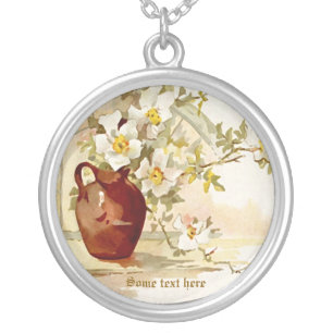 Vintage vase with white roses watercolor necklace