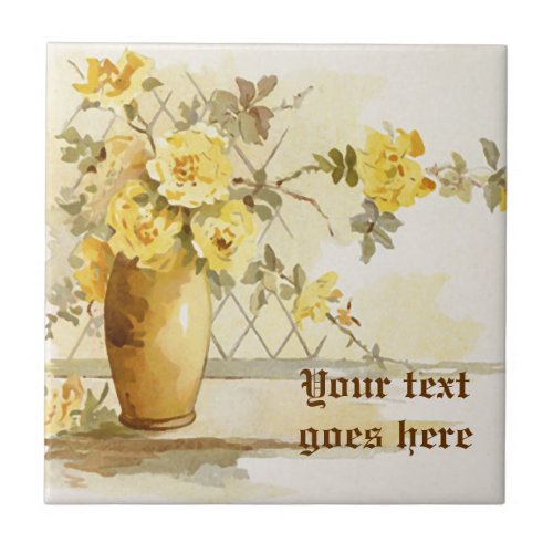 Vintage vase with yellow roses watercolor ceramic tile