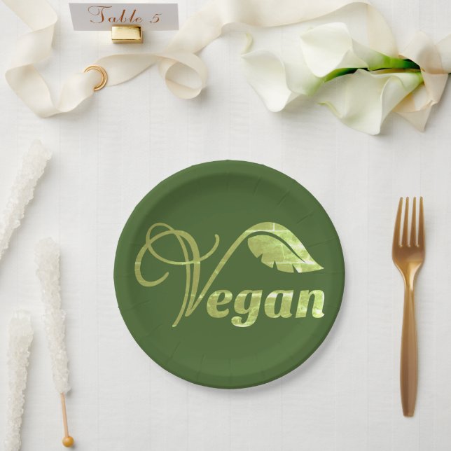 Vintage Vegan Logo Green Leaf  Paper Plates (Wedding)