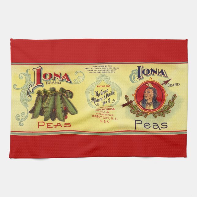 Vintage Vegetable Can Label Art, Iona Brand Peas Kitchen Towel (Horizontal)