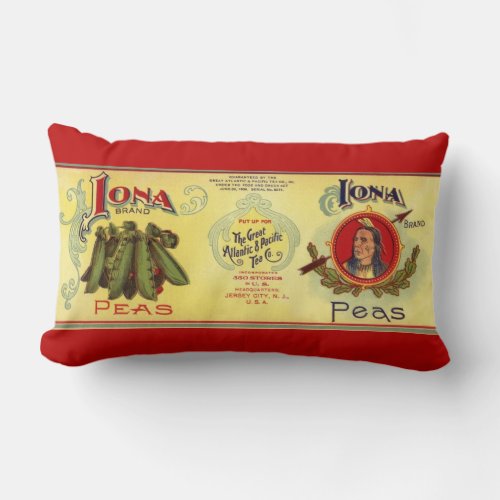 Vintage Vegetable Can Label Art Iona Brand Peas Lumbar Pillow