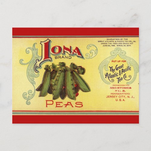 Vintage Vegetable Can Label Art Iona Brand Peas Postcard