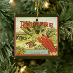 Vintage Vegetable Can Label Art, Rhubarb Farm Ceramic Ornament
