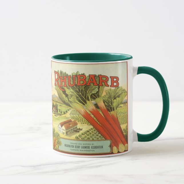 Vintage Vegetable Can Label Art, Rhubarb Farm Mug (Right)