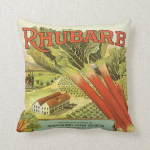 Vintage Vegetable Can Label Art, Rhubarb Farm Throw Pillow