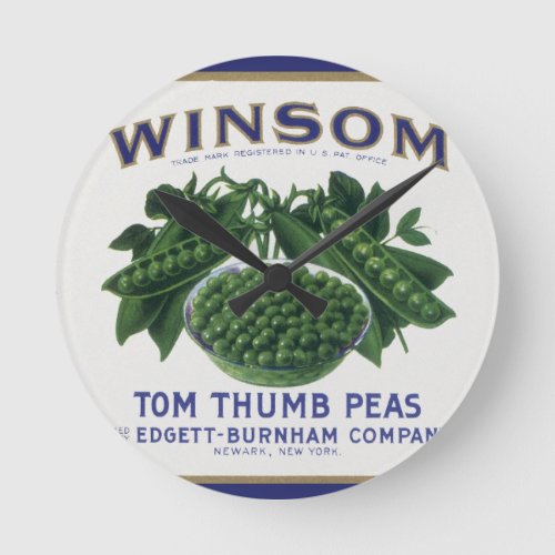 Vintage Vegetable Can Label Art Winsom Peas Round Clock