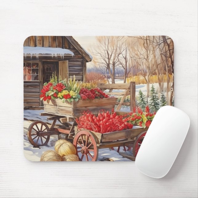 Vintage Vegetable Cart Log House Mouse Pad (With Mouse)