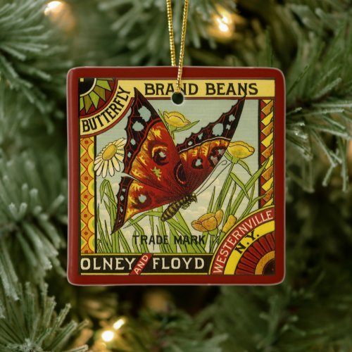 Vintage Vegetable Label Art, Butterfly Brand Beans Ceramic Ornament