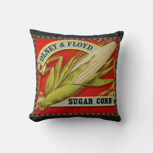 Vintage Vegetable Label Olney  Floyd Sugar Corn Throw Pillow
