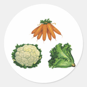 Vintage Vegetables; Carrots, Cauliflower, Lettuce Classic Round Sticker