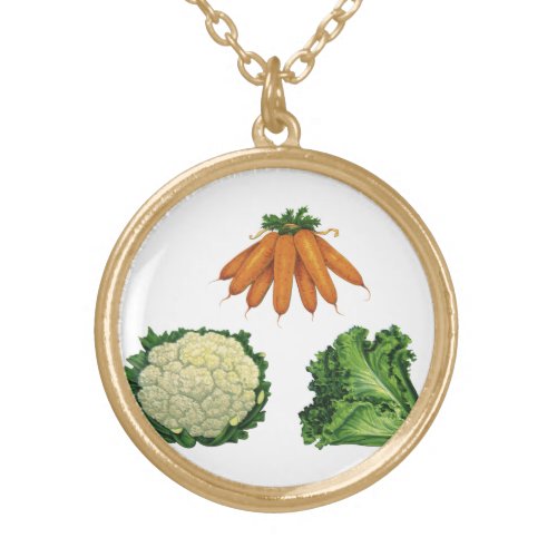 Vintage Vegetables Carrots Cauliflower Lettuce Gold Plated Necklace