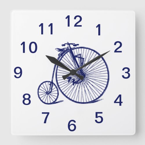 Vintage Velocipede Penny Farthing Bicycle Bike Blu Square Wall Clock