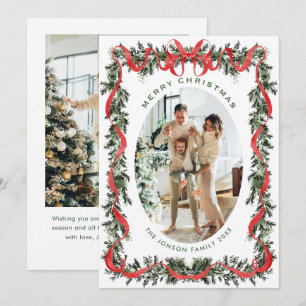 Vintage Velvet Green Stripped Red Bow 2 Photo Holiday Card