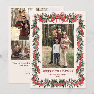 Vintage Velvet Green Stripped Red Bow 5 Photo Holiday Card