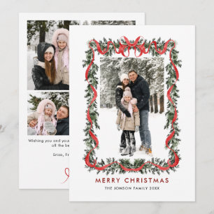 Vintage Velvet Green Stripped Red Bow 5 Photo Holiday Card