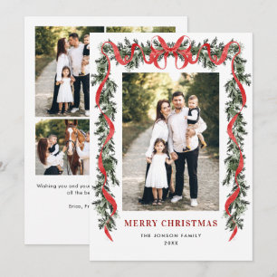 Vintage Velvet Green Stripped Red Bow 5 Photo Holiday Card