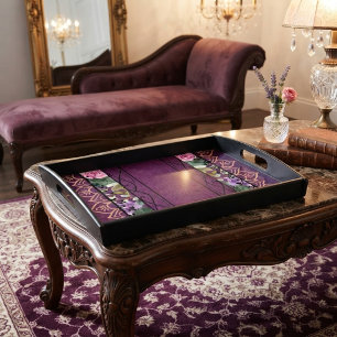 Vintage Velvet Victorian Purple Floral Tapestry Serving Tray