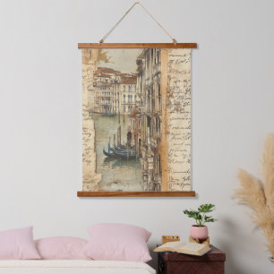 Vintage Venice Canal with Handwritten Script Hanging Tapestry