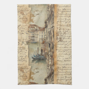 Vintage Venice Canal with Handwritten Script Kitchen Towel