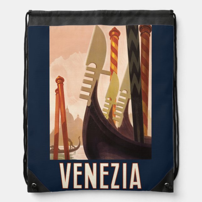 Vintage Venice Italy Gondola Travel Drawstring Bag (Front)