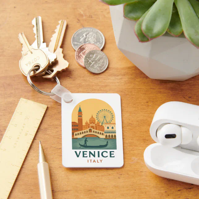 Vintage Venice Italy Travel Gondola and City Retro Keychain | Zazzle