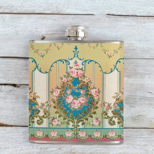 Vintage Versailles Rococo Stylish Pink Roses Gold Flask