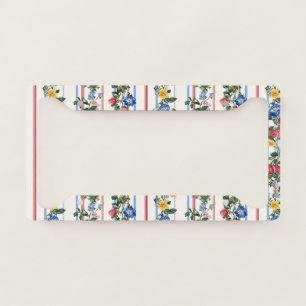 Vintage Vertical Strawberry Floral Stripe Pattern License Plate Frame