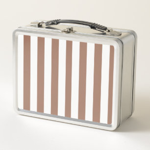 Vintage Vertical Stripes Mocha Mousse White Metal Lunch Box