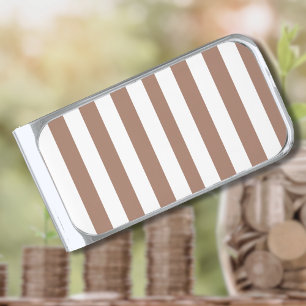 Vintage Vertical Stripes Mocha Mousse White Silver Finish Money Clip
