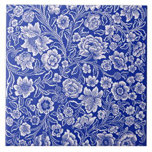 Vintage vibrant blue floral pattern ceramic tile